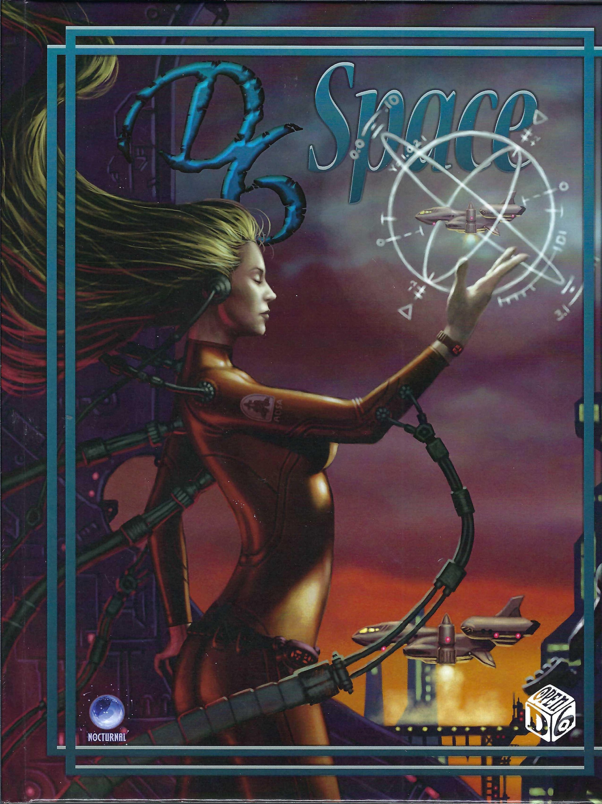 Front cover of D6 Space with a futuristic design featuring a woman and space-themed elements.