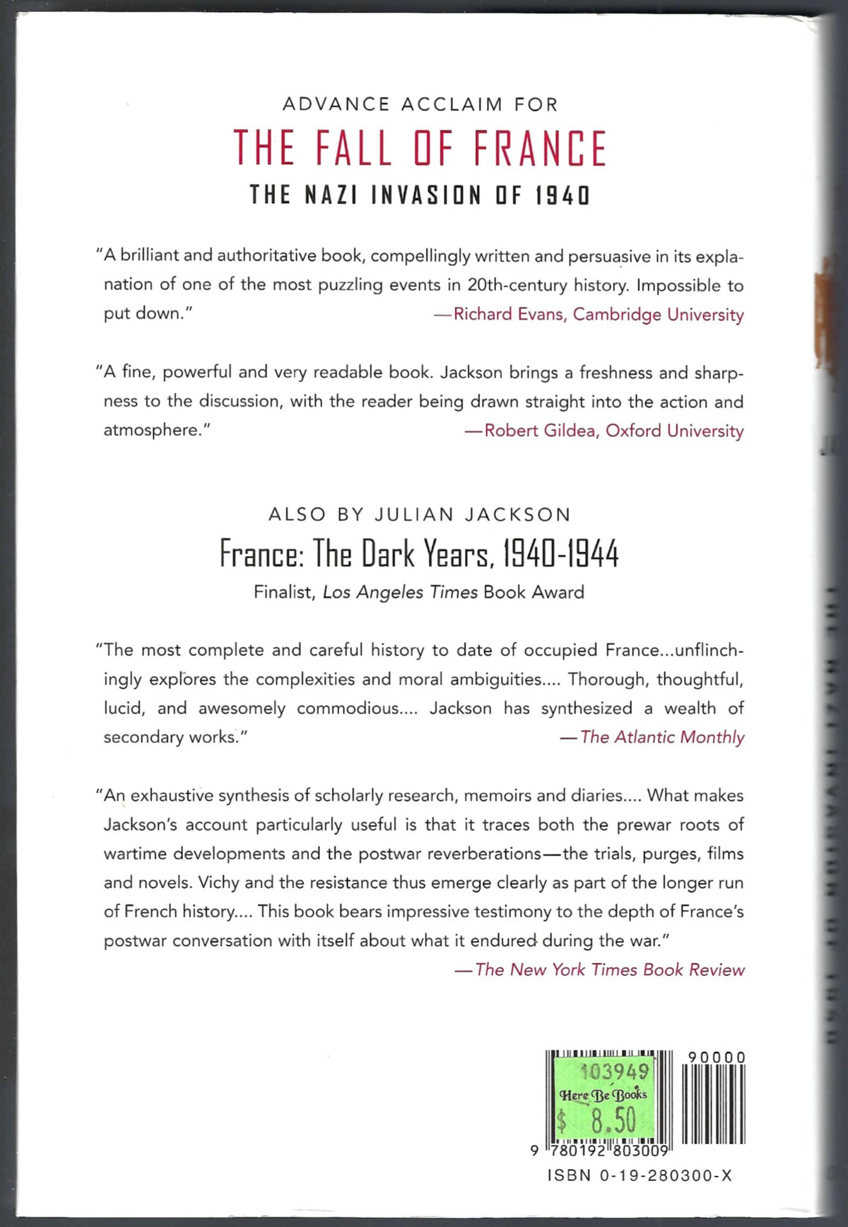 The Fall of France The Nazi Invasion of 1940 by Julian Jackson back cover