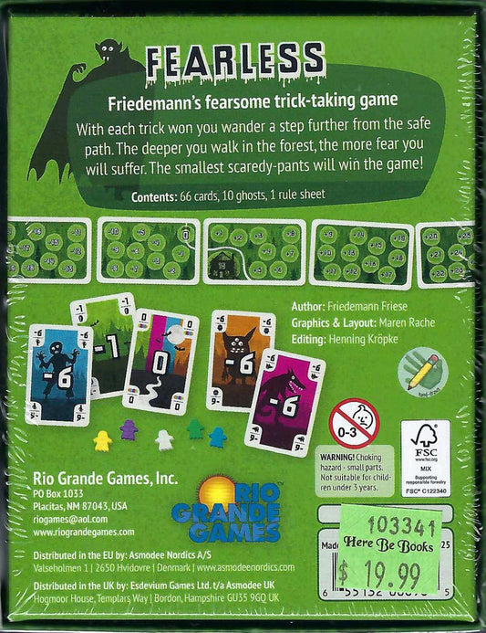 Back of box for Fearless by Rio Grande Games with green background and text.