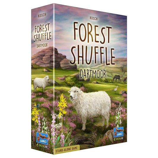 Board game box for Forest Shuffle Dartmoor with sheep and natural landscape design.