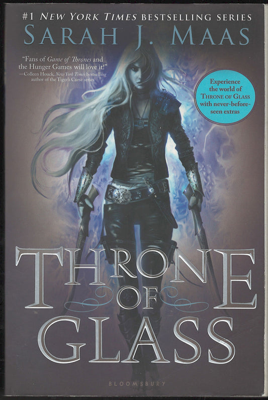Front cover of Throne of Glass by Sarah J. Maas with a character holding two swords.