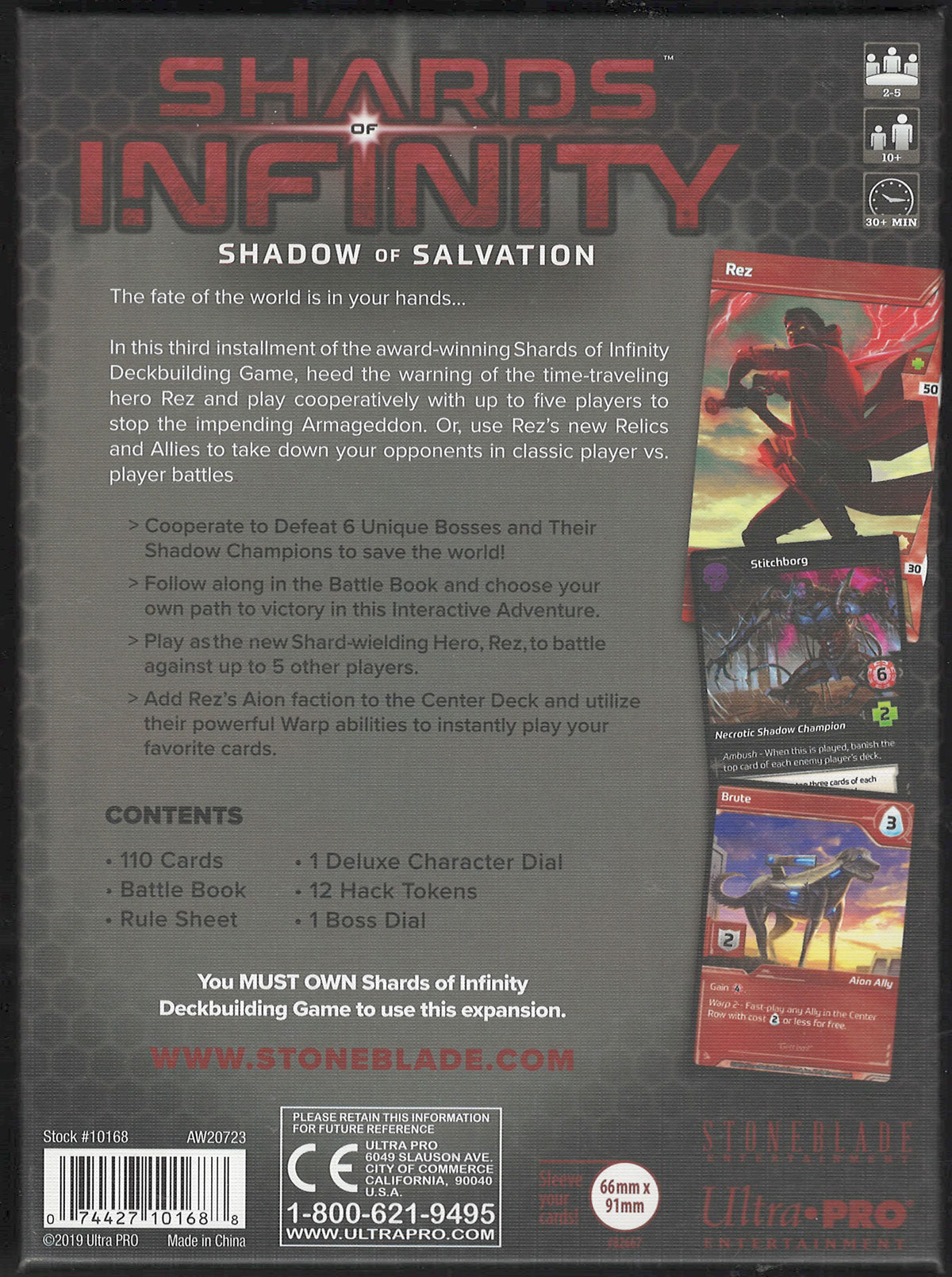 Shards of Infinity Shadow of Salvation Expansion back of box with text and sample cards.