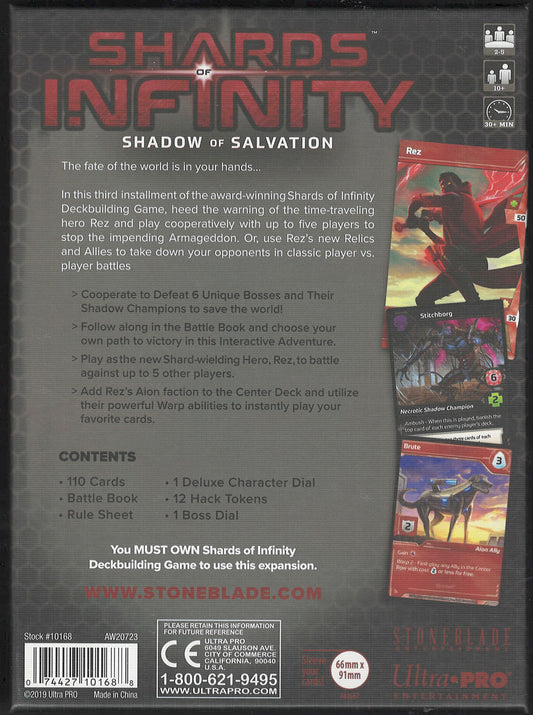 Shards of Infinity Shadow of Salvation Expansion back of box with text and sample cards.