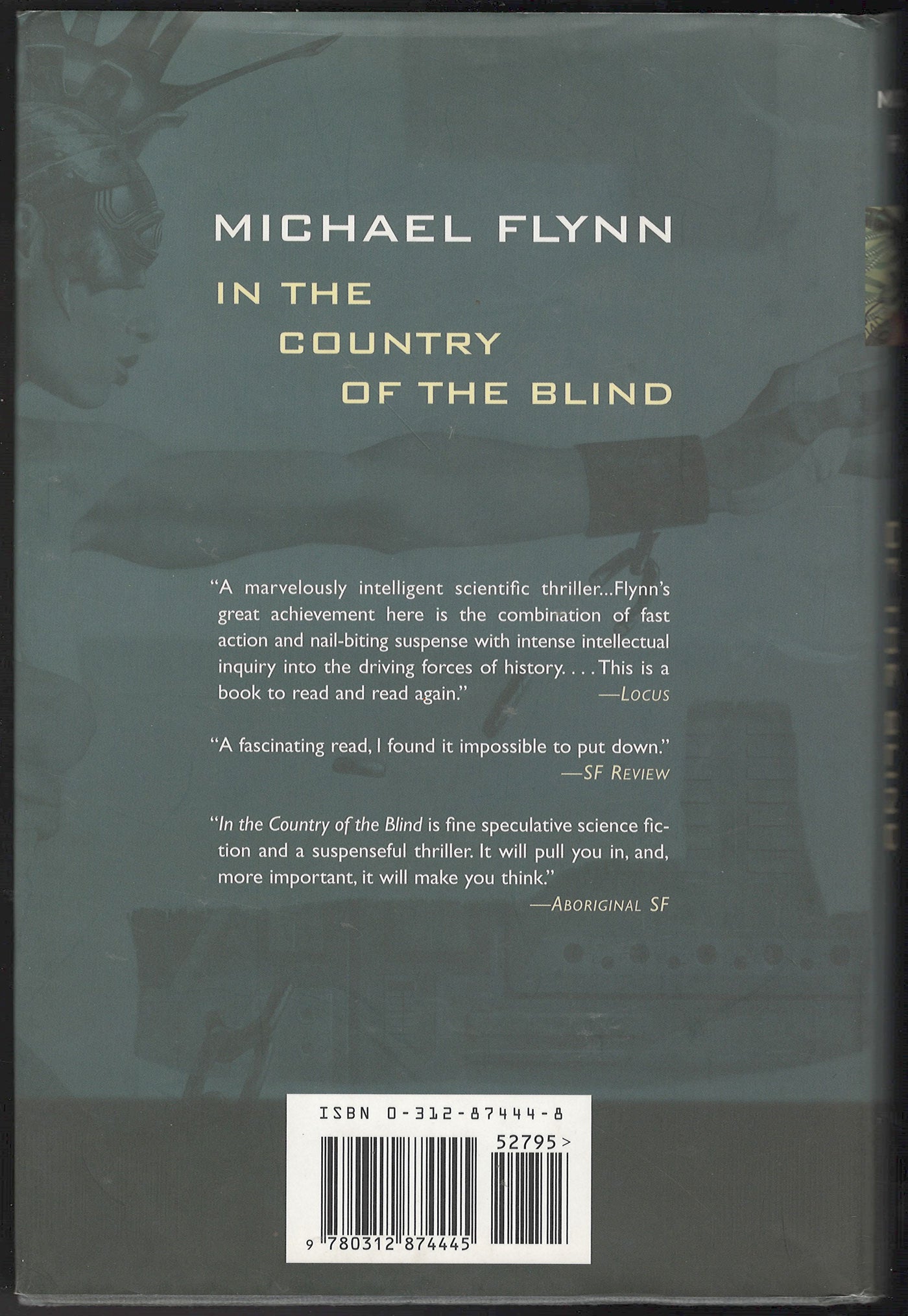 Back cover of In the Country of the Blind by Michael Flynn.