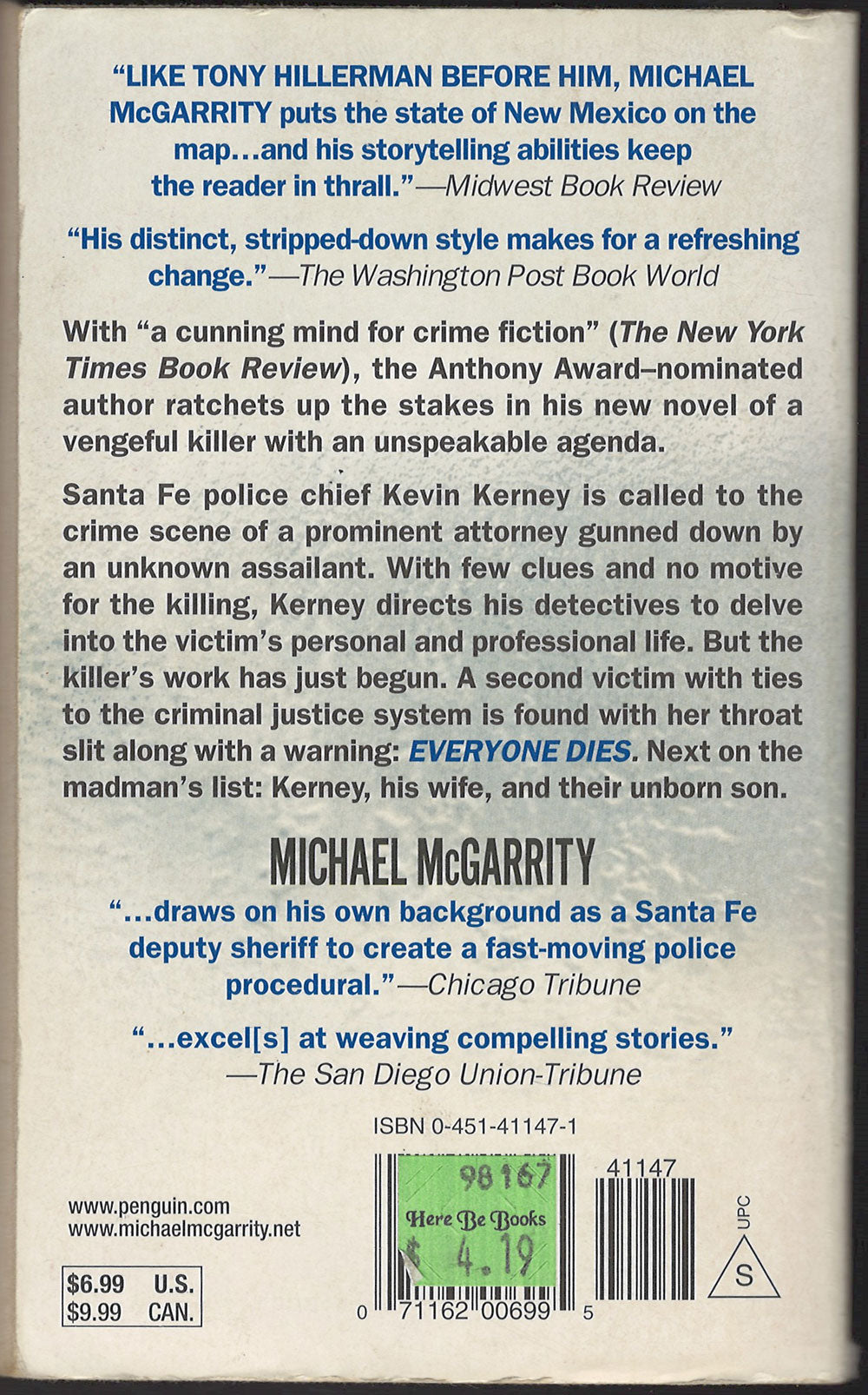 Everyone Dies by Michael McGarrity back cover
