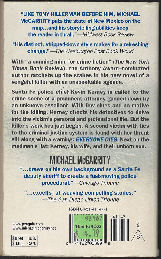 Everyone Dies by Michael McGarrity back cover