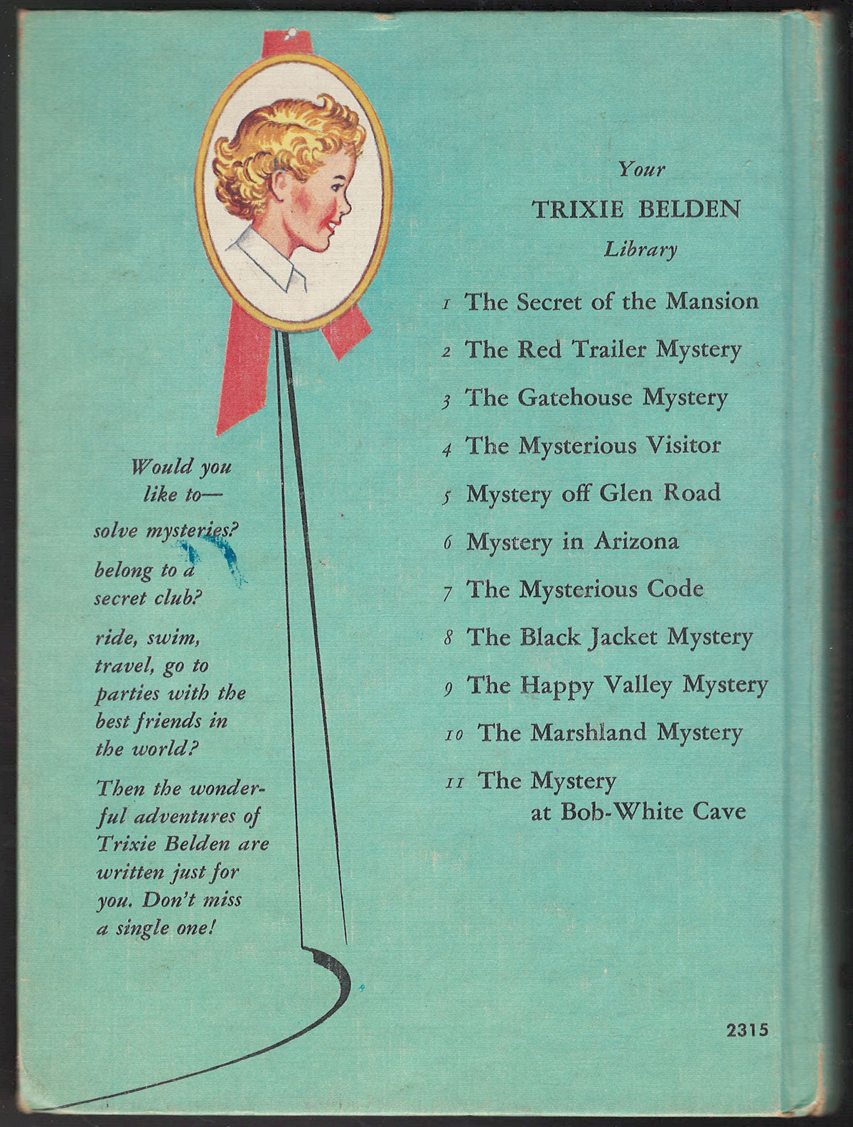Trixie Belden and the Mystery at Bob-White Cave back cover with a list of titles