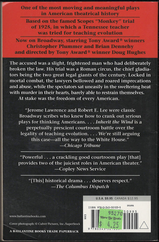 Inherit the Wind by Jerome Lawrence and Robert E. Lee back cover