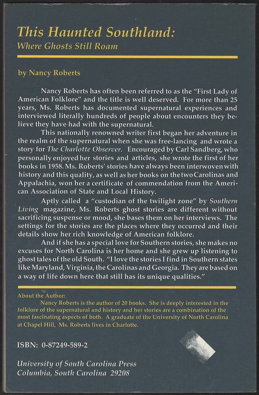 This Haunted Southland Where Ghosts Still Roam by Nancy Roberts back cover