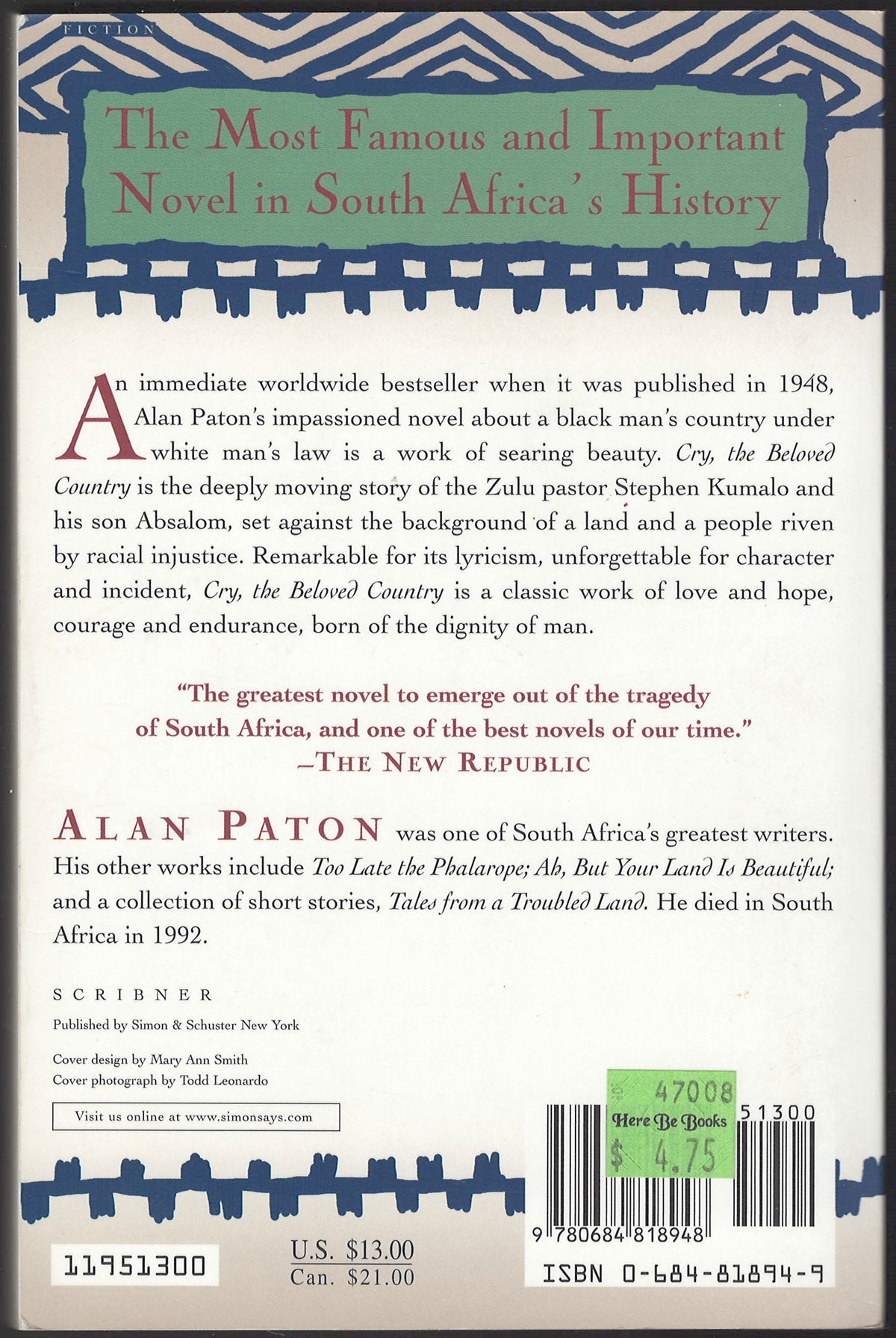 Cry, the Beloved Country by Alan Paton back cover