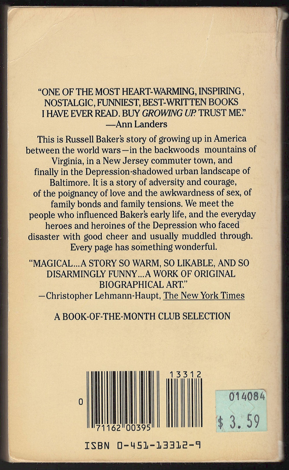 Growing Up by Russell Baker back cover