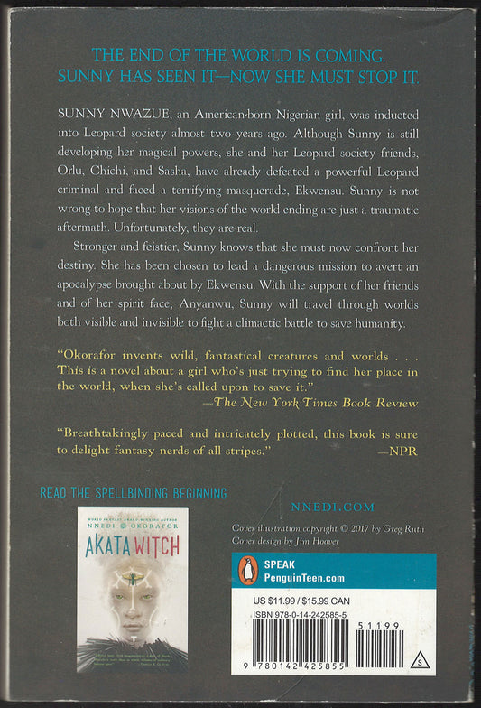 Back cover of the book Akata Witch by Nnedi Okorafor.