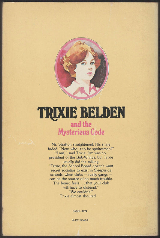 Back cover of 'Trixie Belden and the Mysterious Code' with a portrait of a young woman.