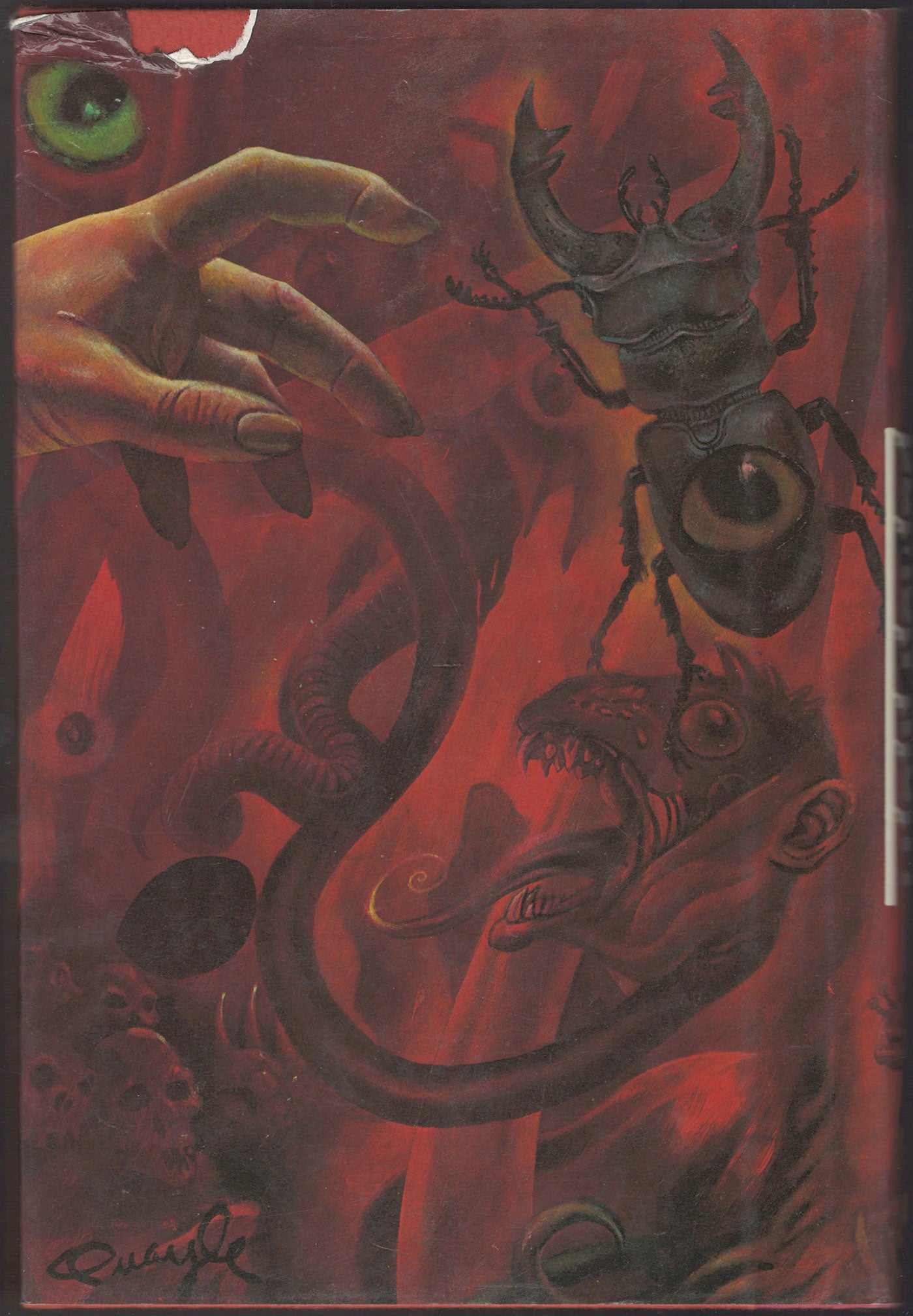 Back cover of Demon Night by Michael Straczynski with a horrific depiction of a hand reaching towards a beetle.