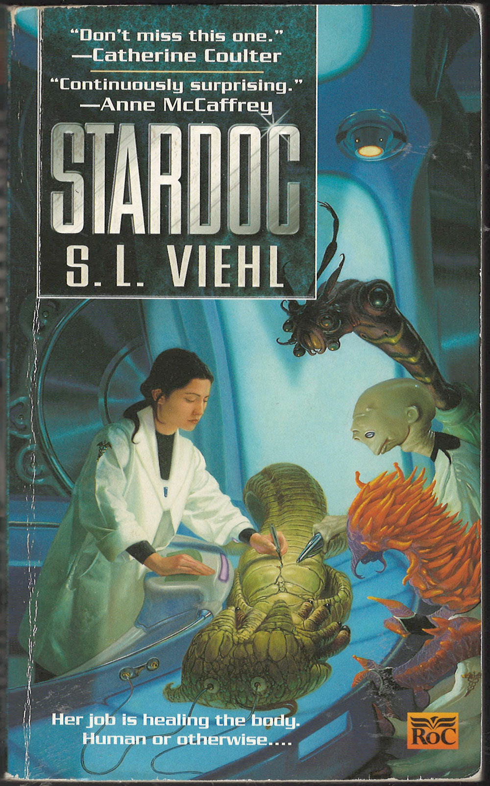 Front cover of Stardoc by S.L. Viehl featuring a doctor and alien creatures.