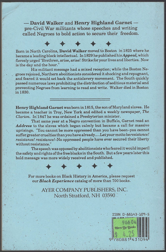 Walker's Appeal and Garnet's Address to the Slaves of the United States of America back cover