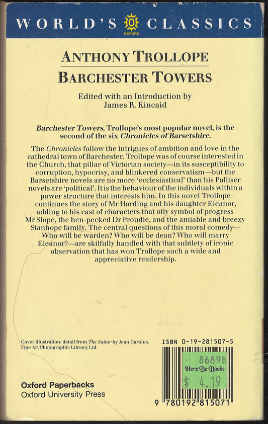 Back cover of Barchester Towers by Anthony Trollope
