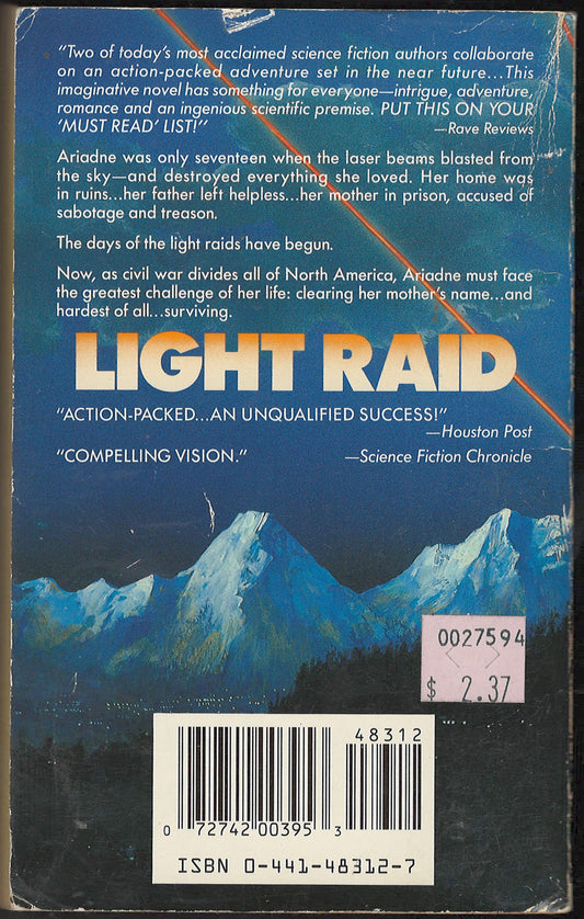 Back cover of Light Raid by Connie Willis and Cynthia Felice with mountain scene and text.