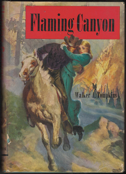 Front cover of Flaming Canyon by Walter Tomkins with a man on a horse and a woman, set against a mountainous landscape.