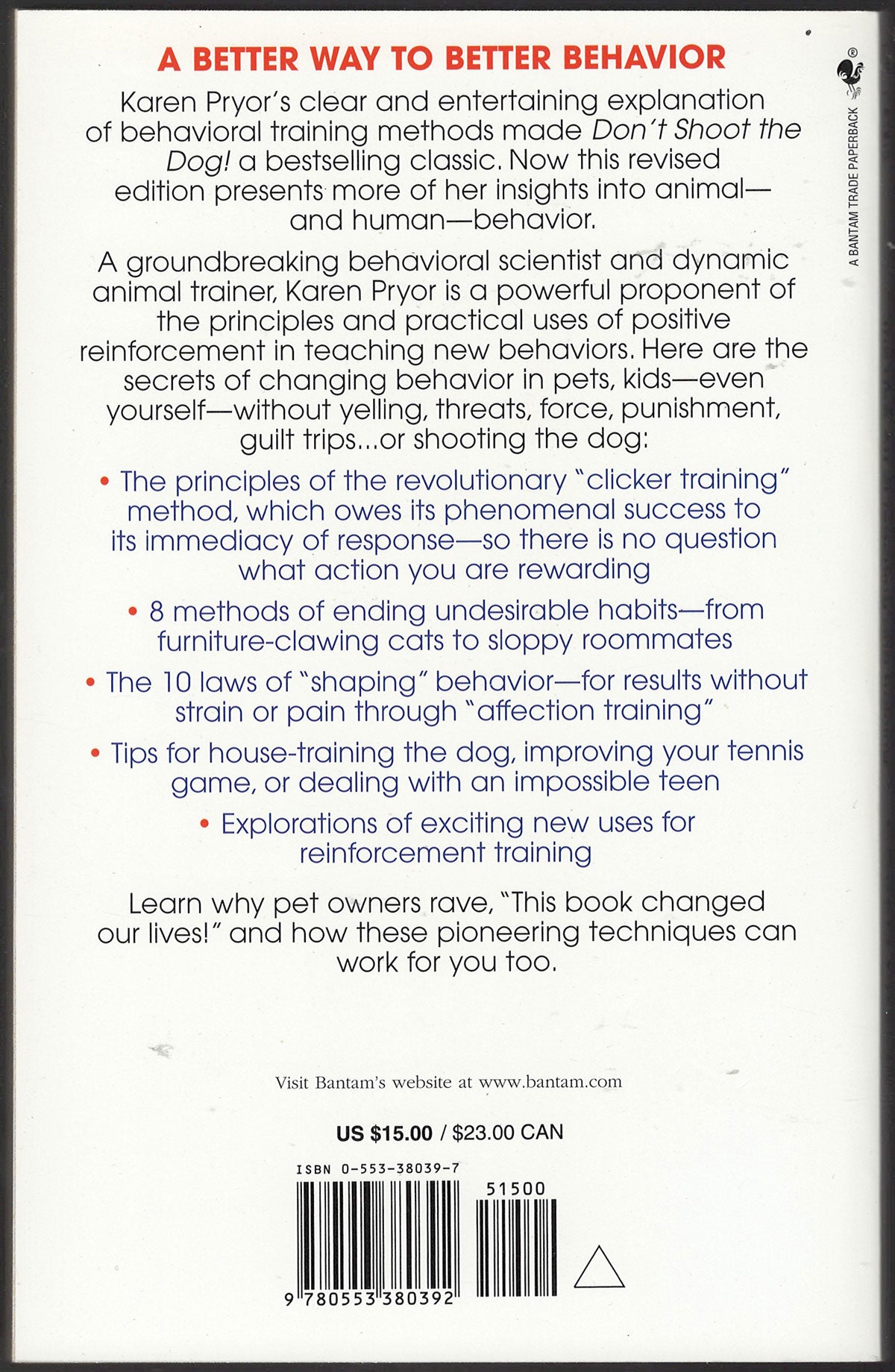 Don't Shoot the Dog: The New Art of Teaching and Training by Karen Pryor back cover