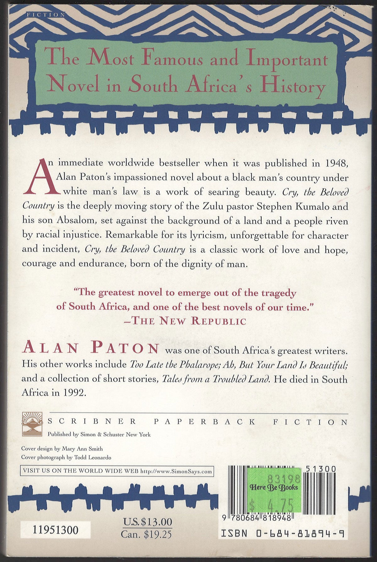 Cry, the Beloved Country by Alan Paton back cover