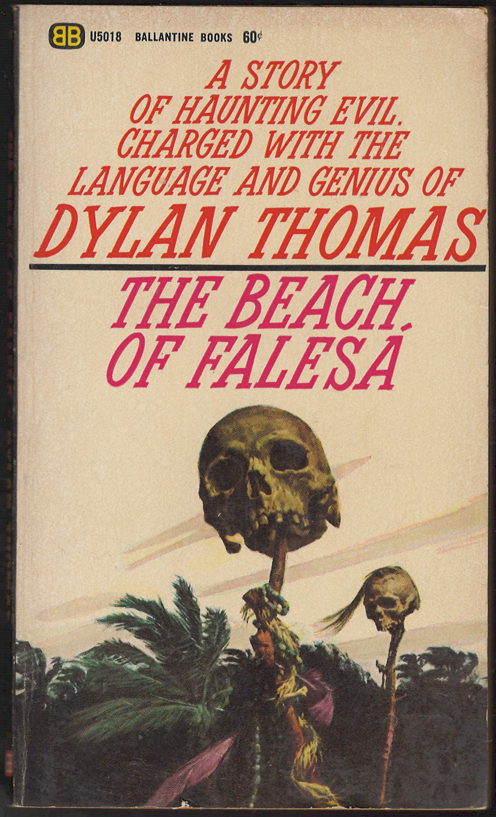 Cover of The Beach of Falesa by Dylan Thomas with a skull and palm tree illustration.