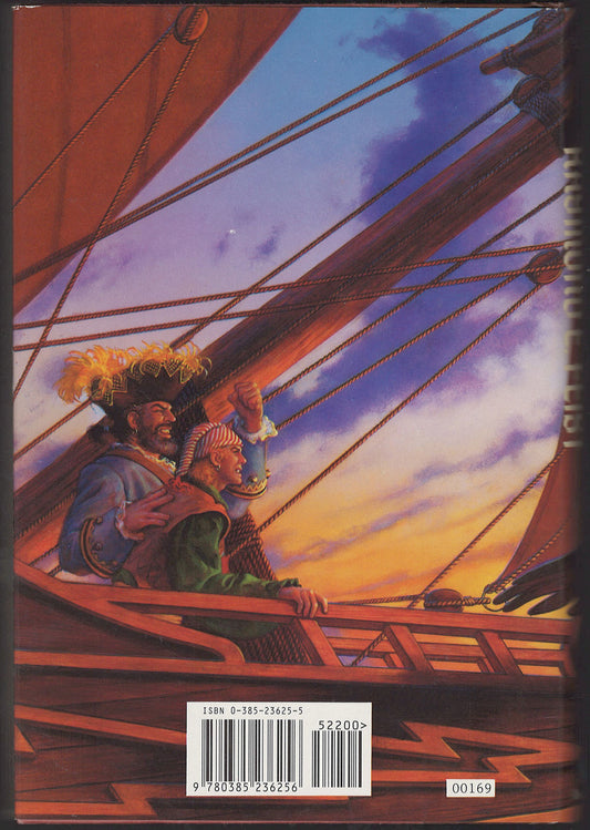 Back cover of The King's Buccaneer by Raymond Feist with an Illustration of two characters on a ship at sunset.