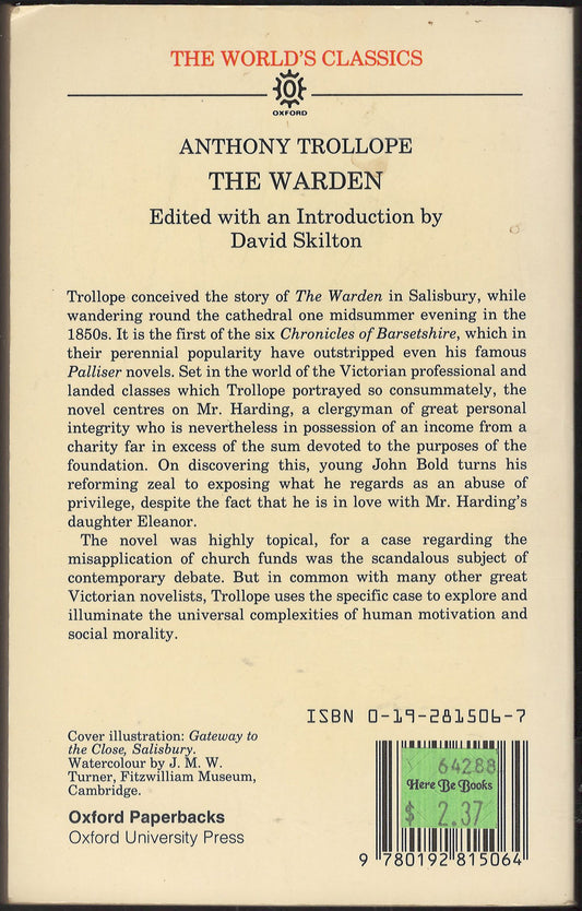 Back cover of 'The Warden' by Anthony Trollope