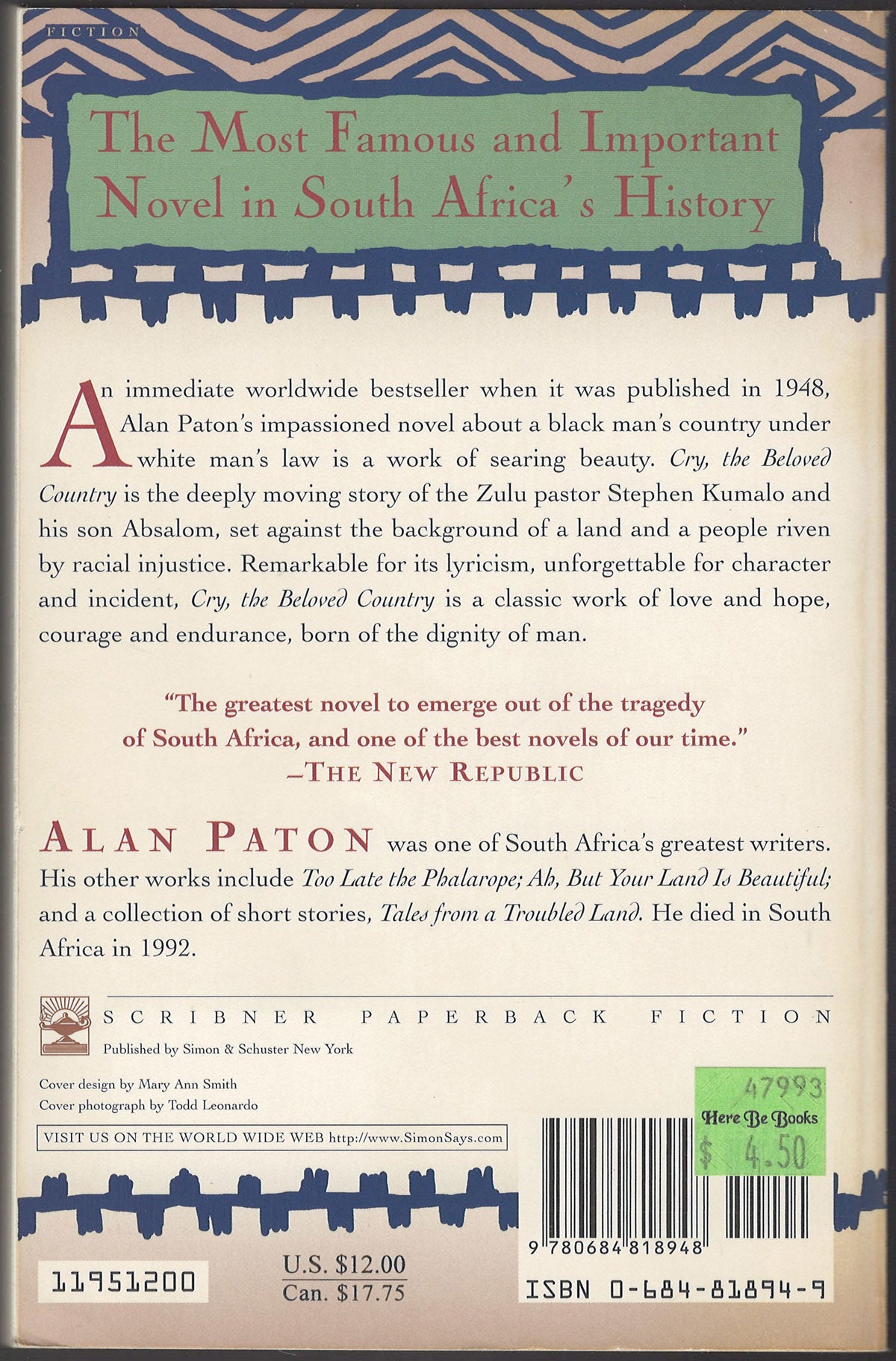 Cry, the Beloved Country by Alan Paton back cover