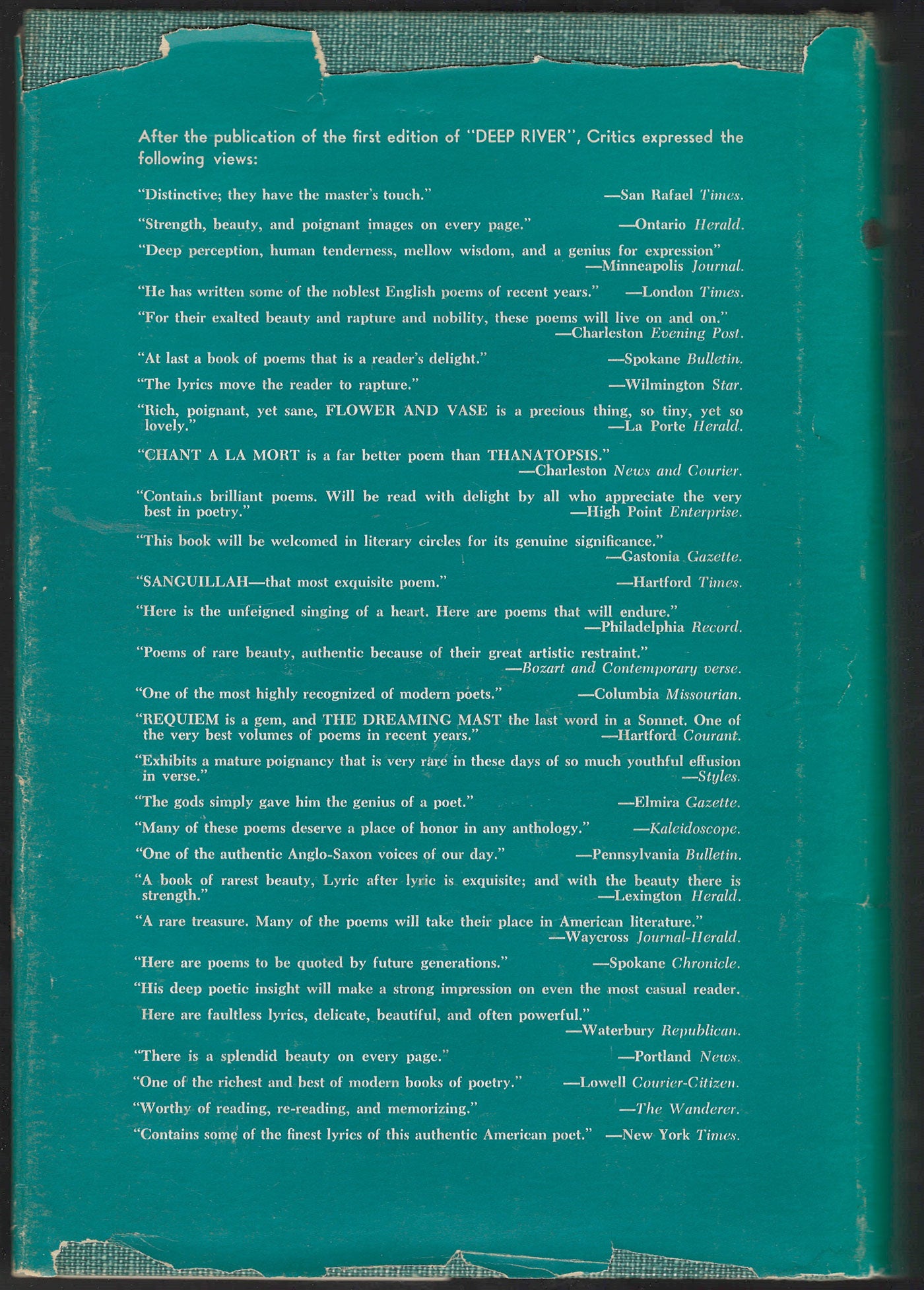 Deep River: The complete poems of Archibald Rutledge back cover with dust jacket