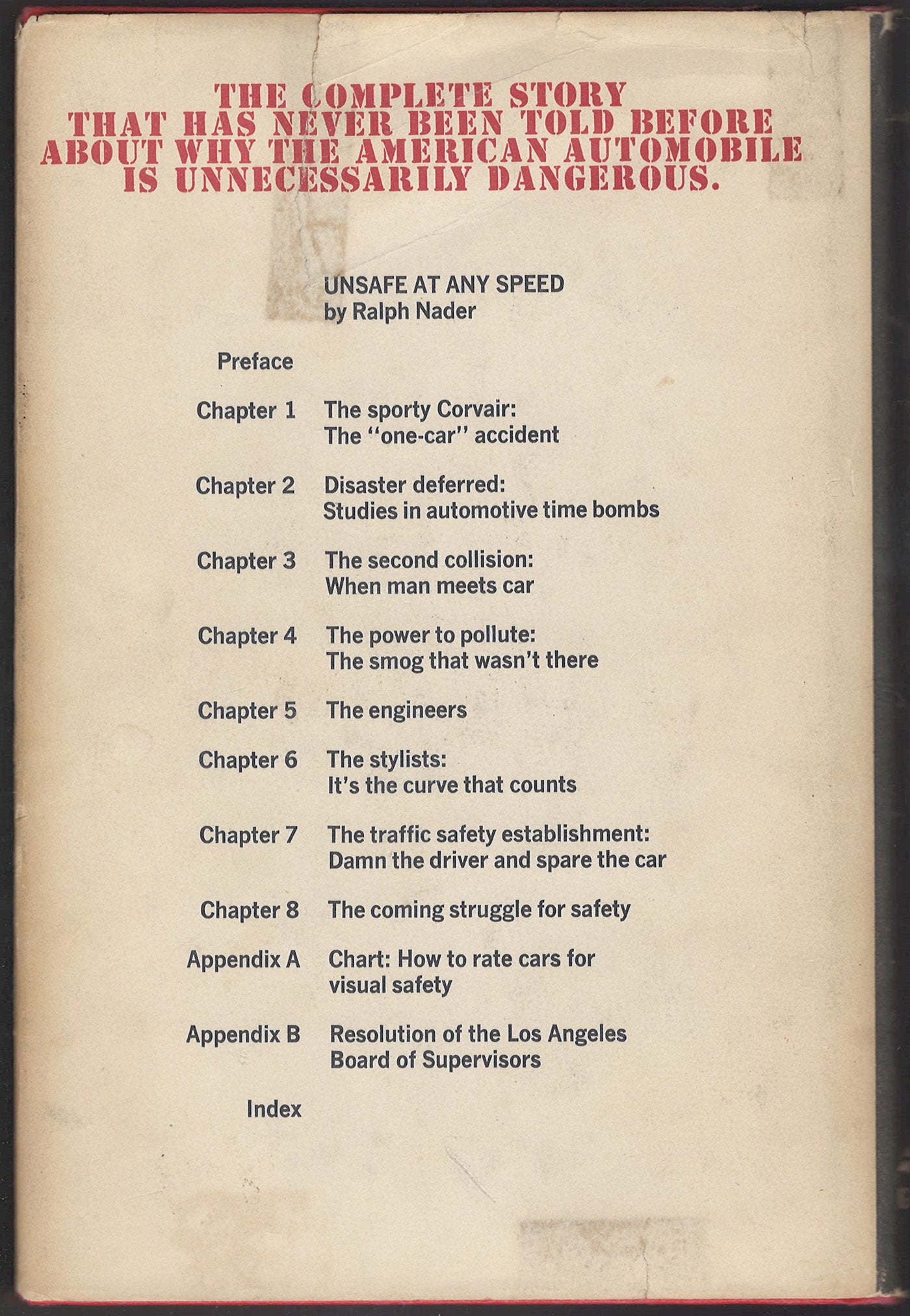 Unsafe At Any Speed by Ralph Nader back cover