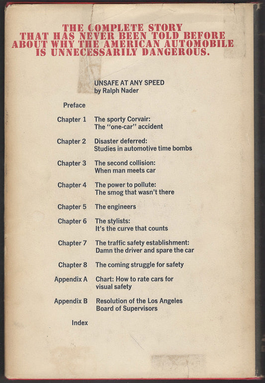 Unsafe At Any Speed by Ralph Nader back cover