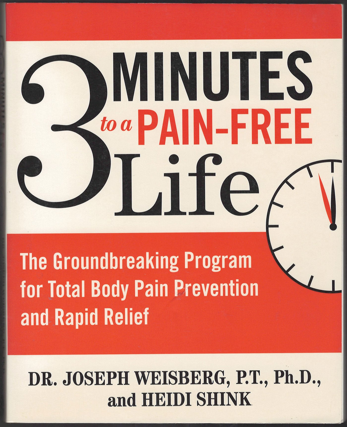 Front cover of 3 Minutes to a Pain-Free Life with a clock graphic and text about pain prevention.