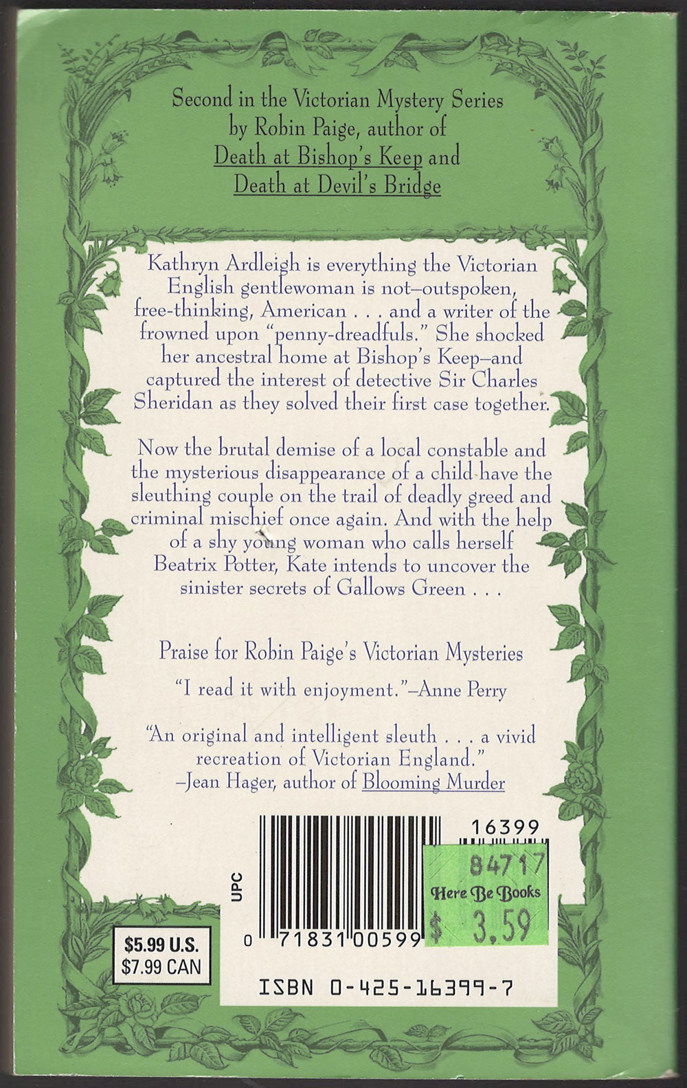 Death at Gallows Green by Robin Paige back cover