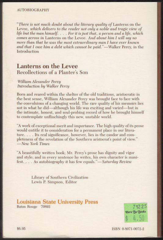 Lanterns on the Levee Recollections of a Planter's Son by William Percy back cover