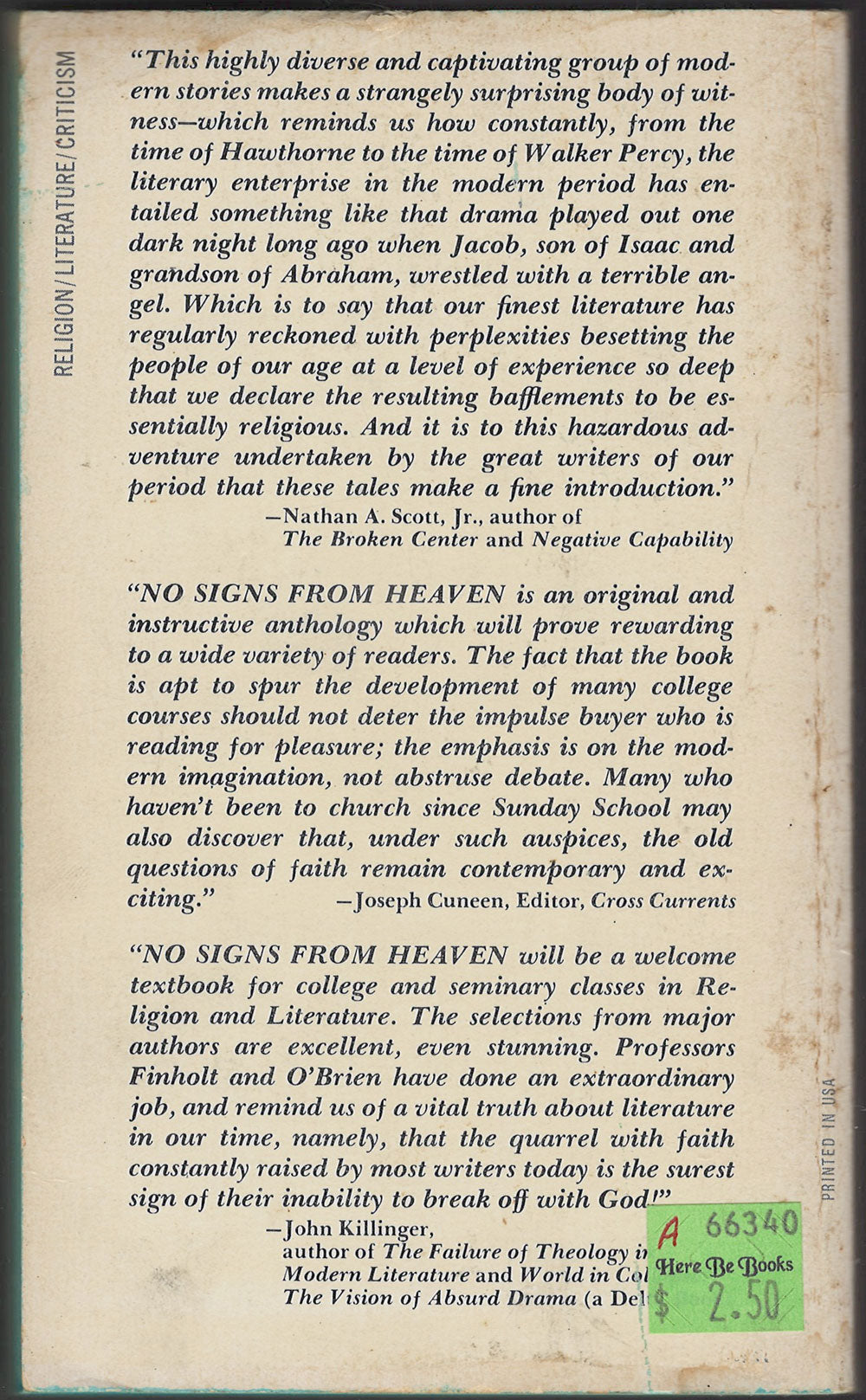 No Signs From Heaven: Theological Tradition and the Modern Literary Imagination back cover