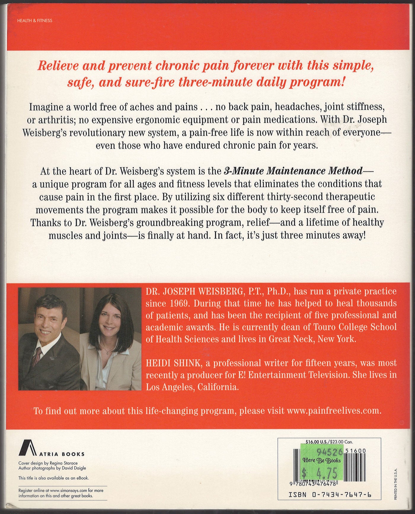 3 Minutes to a Pain-Free Life by Joseph Weisberg and Heidi Shink back cover