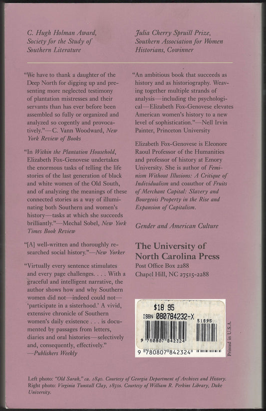 Within the Plantation Household by Elizabeth Fox-Genovese back cover