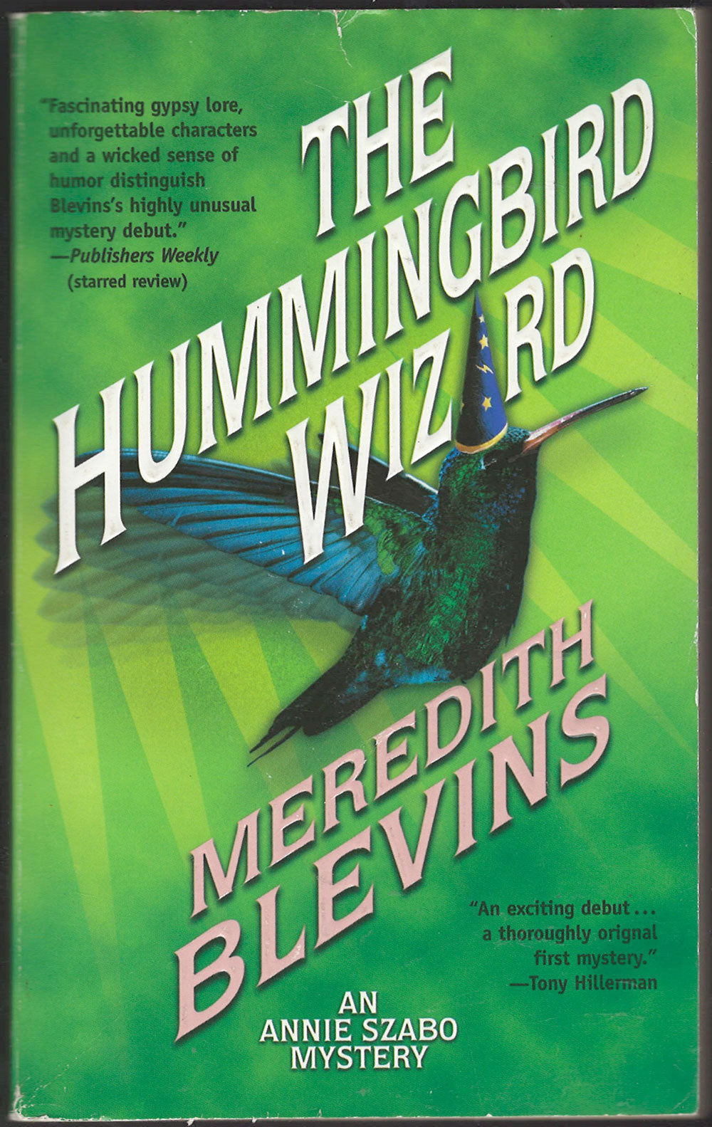 Book cover of 'The Hummingbird Wizard' by Meredith Blevins with a green background and hummingbird illustration.