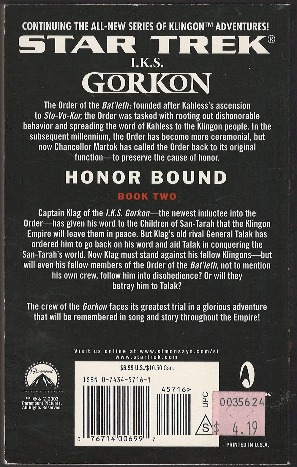 Honor Bound by Keith DeCandido back cover