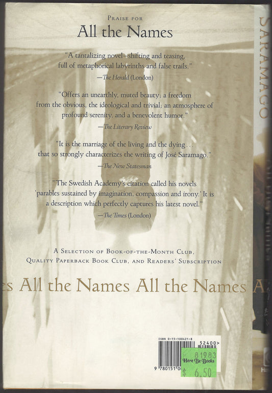 All the Names by Jose Saramago back cover
