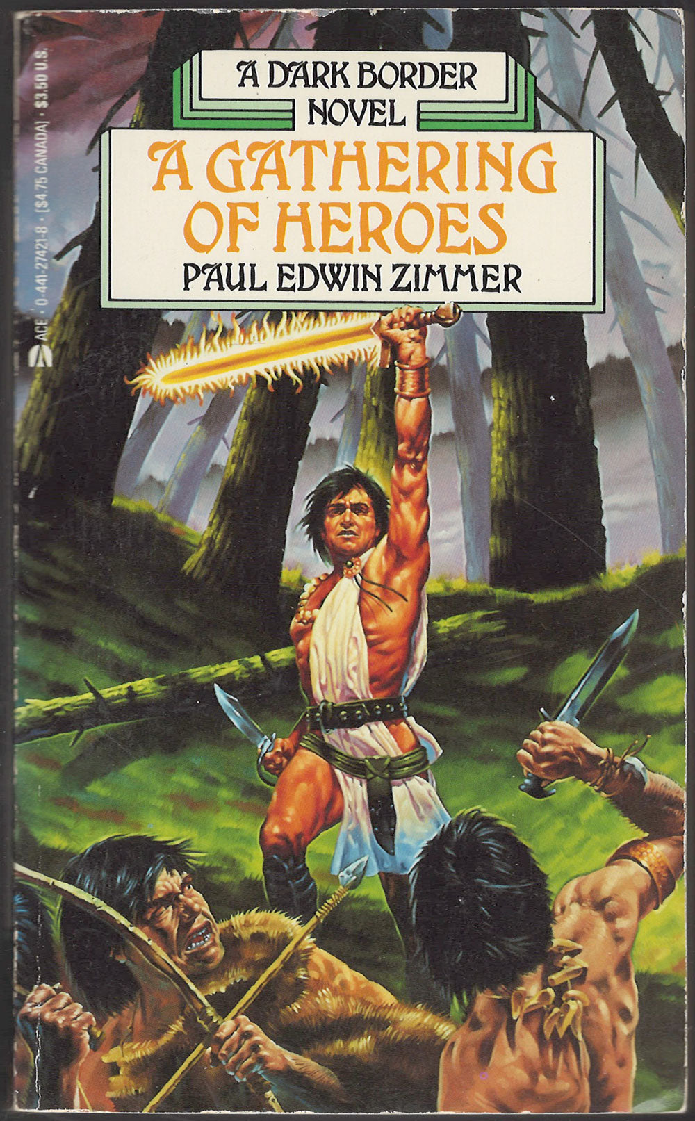 Front cover of A Gathering of Heroes by Paul Edwin Zimmer featuring a warrior in a forest setting.