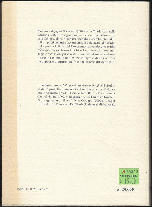 Archetipi E Cosmo Nella Poesia Di Arturo Onofri by Massimo Maggiari back cover