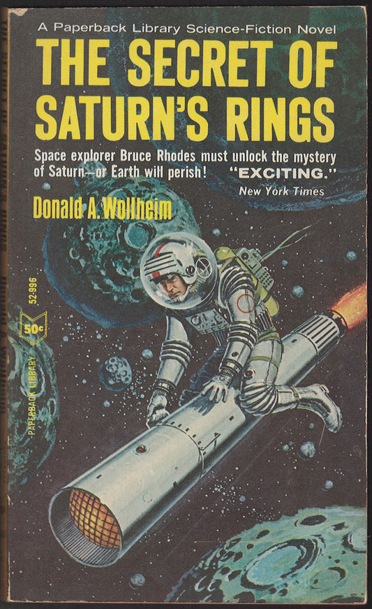Front cover of The Secret of Saturn's Rings with an astronaut riding a rocket in space.