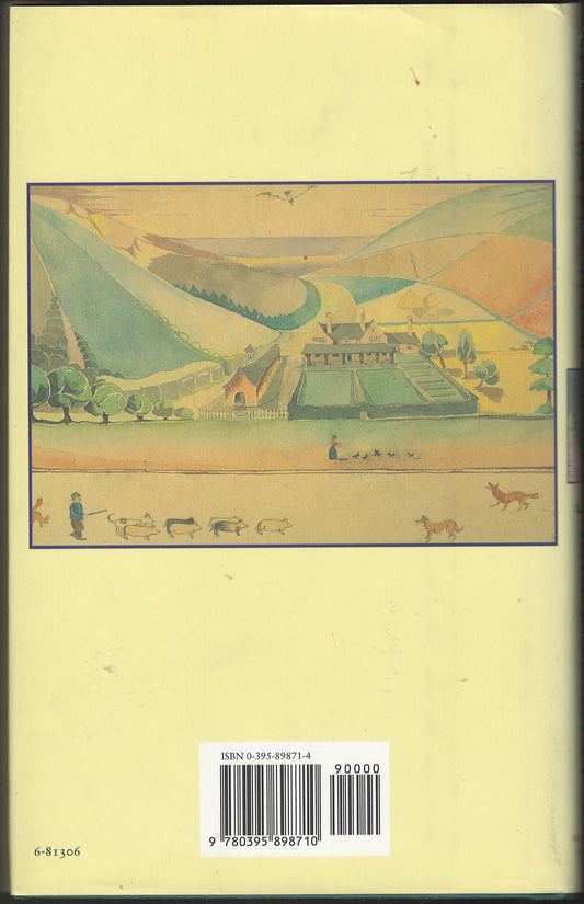 Back cover of Roverandom by J.R.R. Tolkien with an illustration of a farm with people and dogs on a yellow background