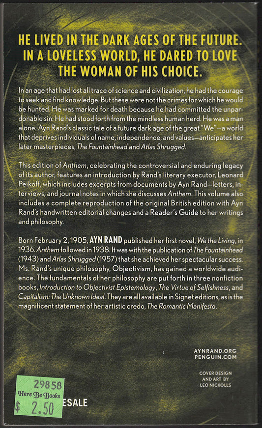 Anthem by Ayn Rand back cover