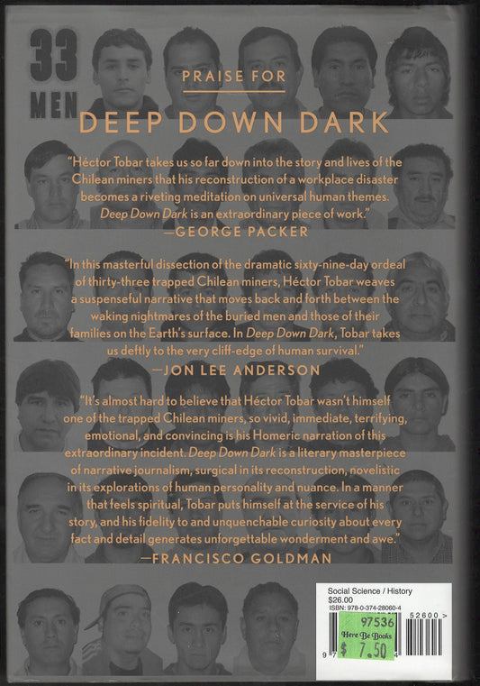 Back cover Deep Down Dark by Hector Tobar with text and images of men.
