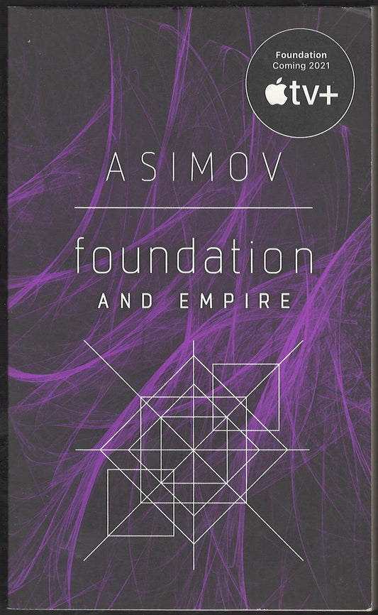 Front cover of Foundation and Empire by Isaac Asimov with a purple abstract design on a black background.