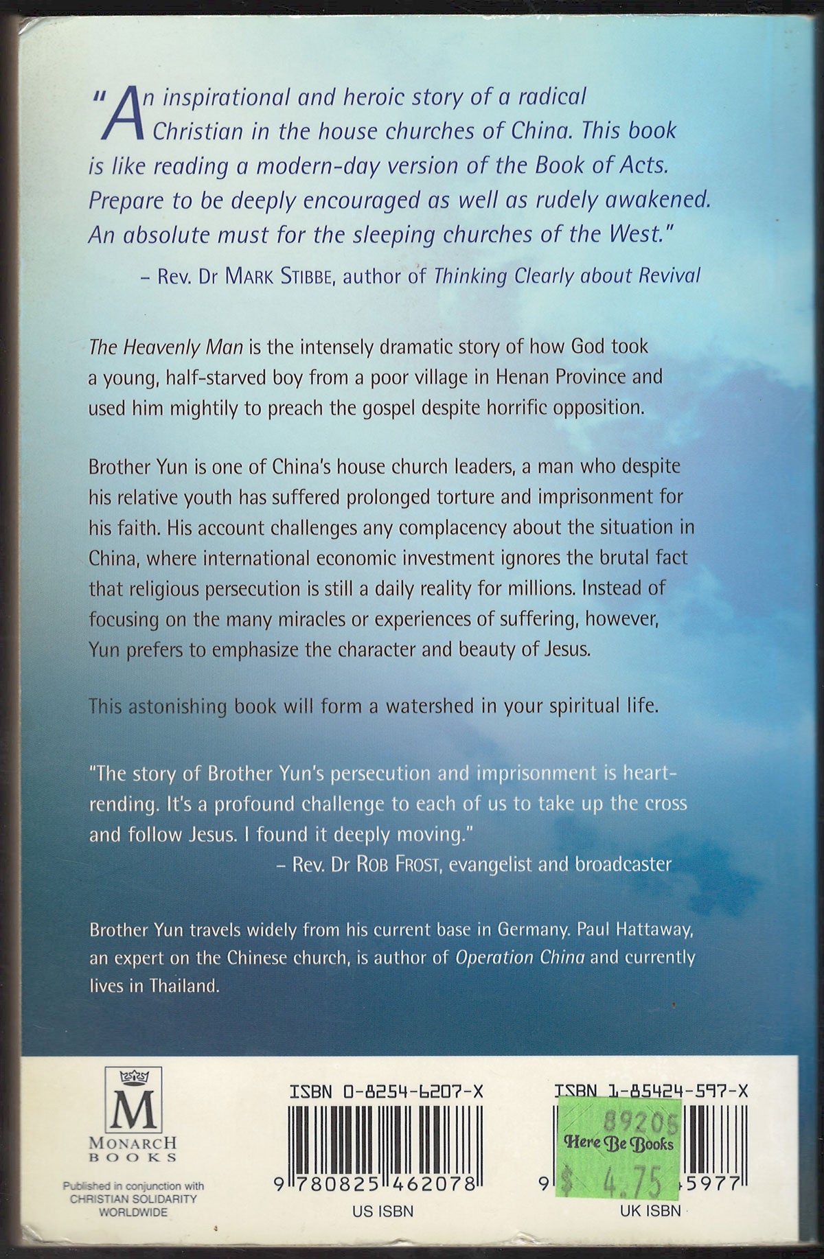 Heavenly Man The Remarkable True Story of Chinese Christian Brother Yun back cover