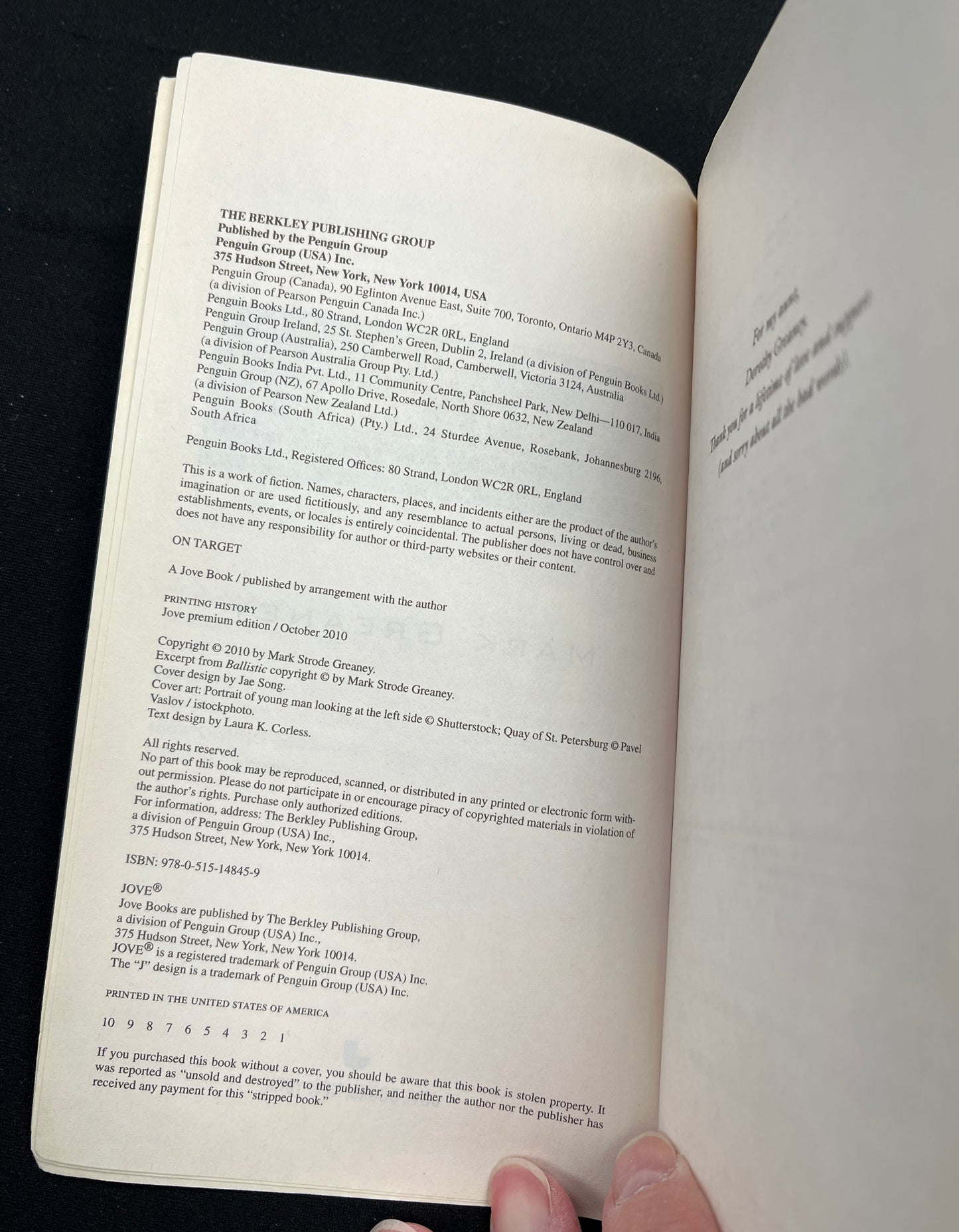 On Target by Mark Greaney copyright page